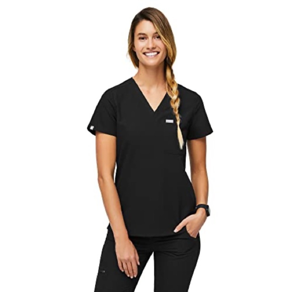 Figs Women's Black Short Sleeve V-Neck Top